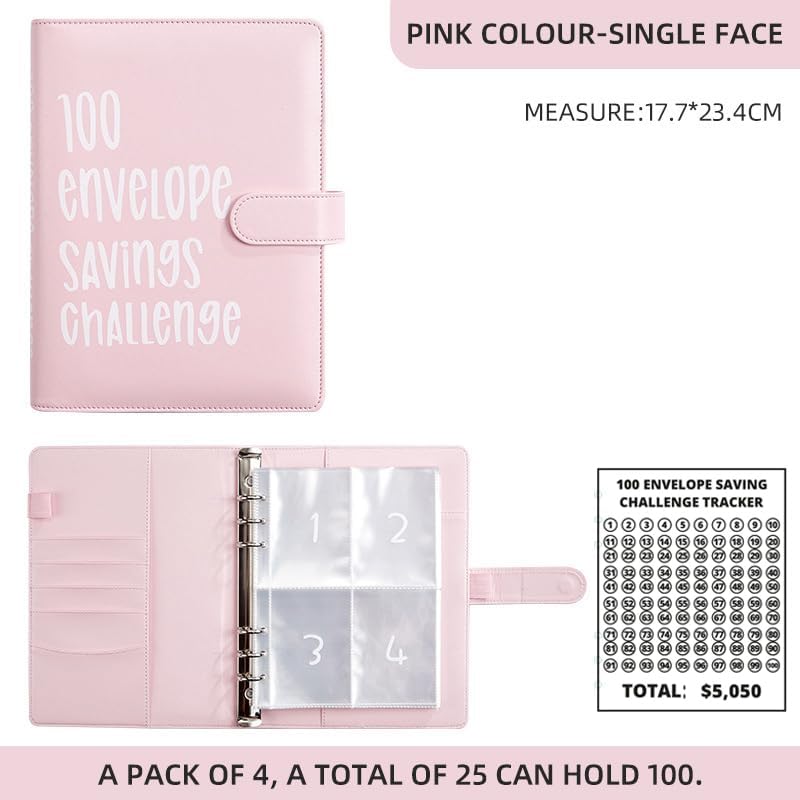 AASLOB 100 Envelopes Money Saving Challenge, 100 Envelope Challenge Binder, Easy and Fun Way to Save $5,050, Savings Challenges Budget Book Binder with Cash Envelopes for Office,Home,School (Pink) - Image 4